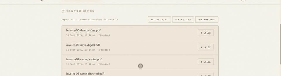 Screen recording: the dashboard extraction history, and one click exporting all saved extractions as a single spreadsheet